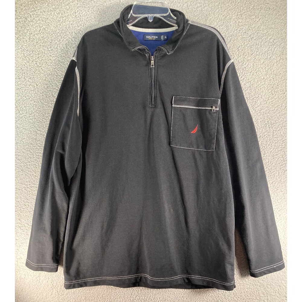 Nautica 1/4 Zip Pullover Mens XL Gray Black Cotton Jersey Contrast Stitch Logo